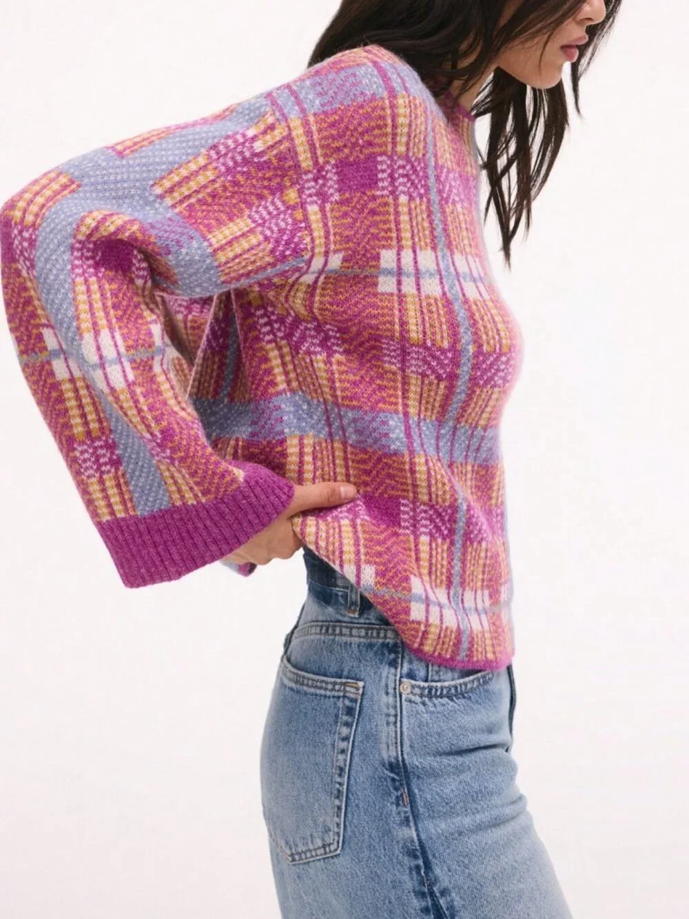 Red Violet Casual Women's Brushed Plaid Knit Sweater With Crew Neck